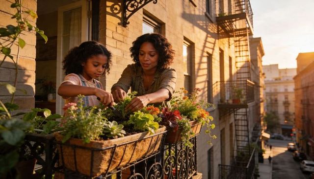 Mother and daughter planting flowers on urban balcony during golden hour light