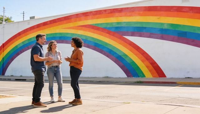 Friends chatting by vibrant rainbow mural on sunny urban street curb