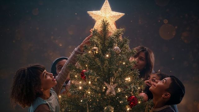 Group of Friends Decorating Christmas Tree with Star Topper