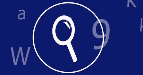 Digital magnifying glass with data overlay on blue background