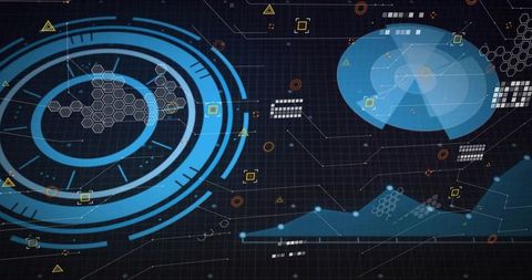 Futuristic HUD interface with concentric data rings, radar dome, hex grid neon analytics