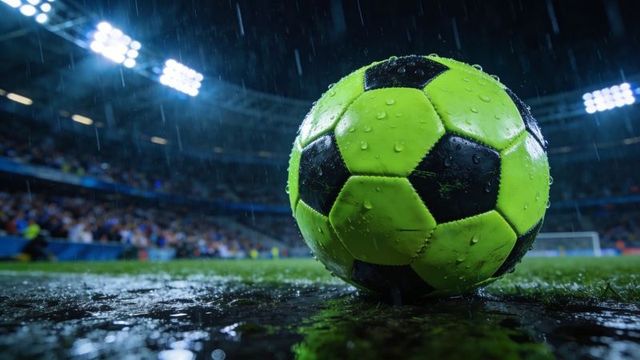 Close-up neon green soccer ball on rain-soaked turf under stadium lights at night match
