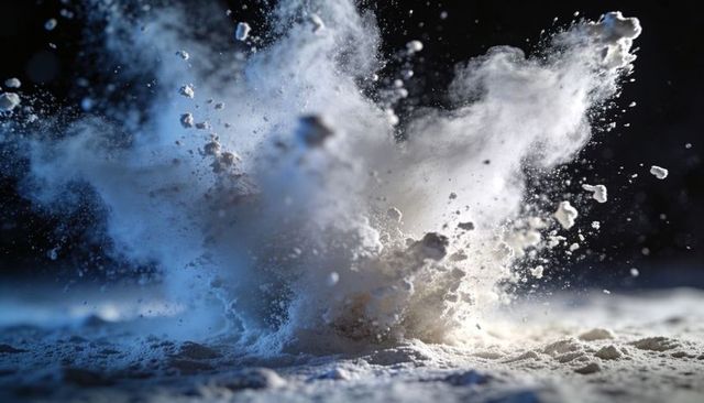 Bursting white powder plume capturing dynamic dust cloud and granules with dramatic lighting