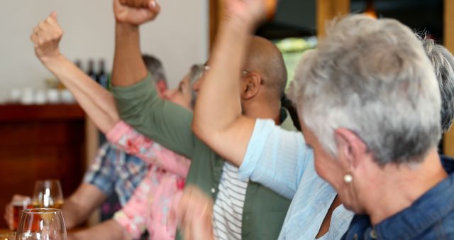 Senior Friends Celebrating Together with Raised Arms in Excitement - Download Free Stock Images Pikwizard.com