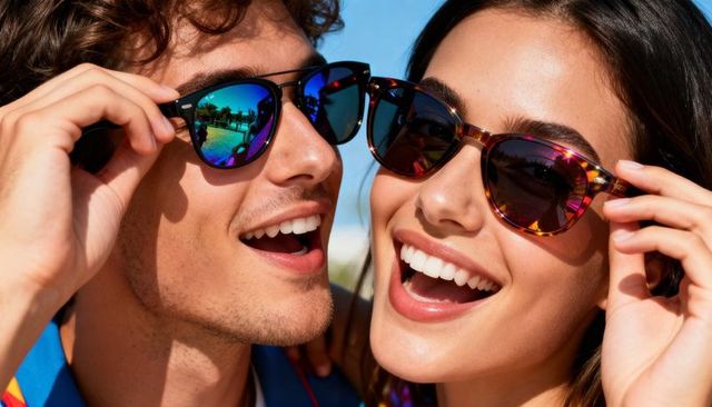 Smiling couple enjoying sunny resort pool in colorful shirts and mirrored sunglasses