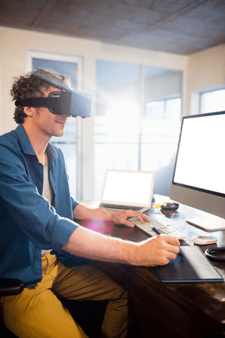 Transparent background of businessman using vr headset in office