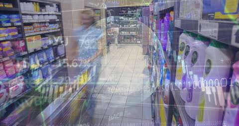 Data Overlay in Supermarket Aisle Illustrating Digital Commerce