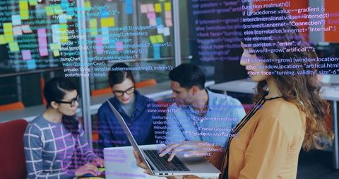 Tech Team Collaborating in Modern Office Lounge with Code Overlay