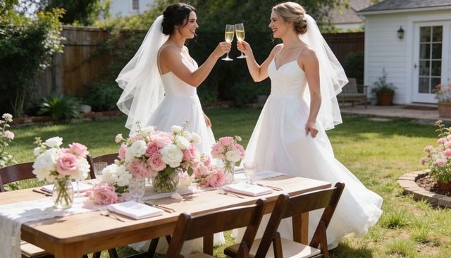 Two brides toasting champagne in backyard garden wedding with pastel floral table