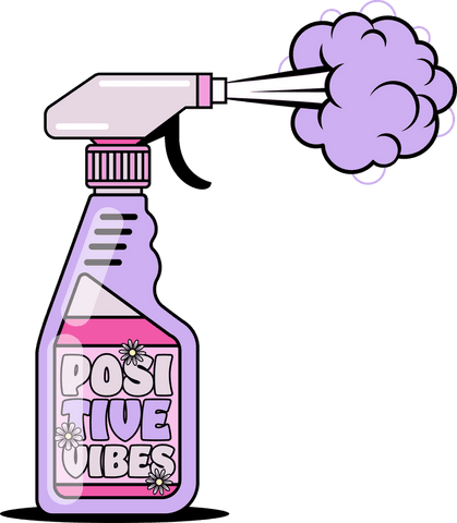Cartoon spray bottle releasing positive vibes with transparent background