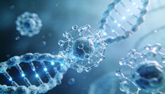 Luminescent fullerene nanocage carrying nanoparticle amid glowing DNA strands in teal