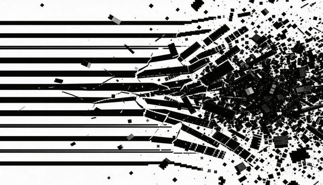 Horizontal bars fracturing into scattered geometric fragments