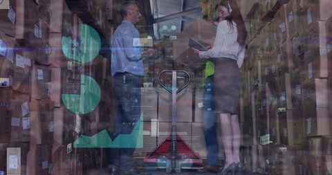 Warehouse Professionals Analyzing Logistics Data amidst Stacked Boxes