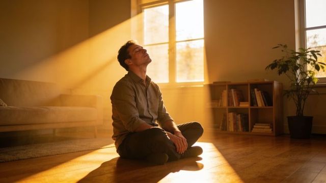Contemplative man meditating in golden sunbeams on wooden floor