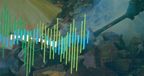 Translucent multicolor data visualization overlaying pit mining site with excavator arm