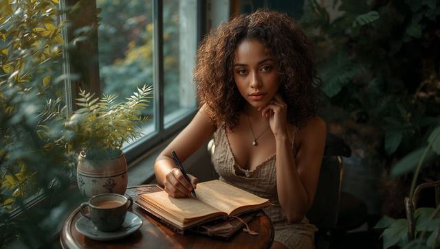 Creative Woman Journaling in Sunlit Cafe by Window