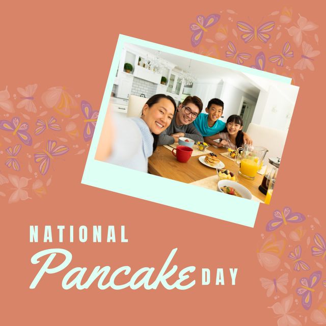Square image of pancake text with happy biracial family eating pancakes over pink background. National pancake day concept.