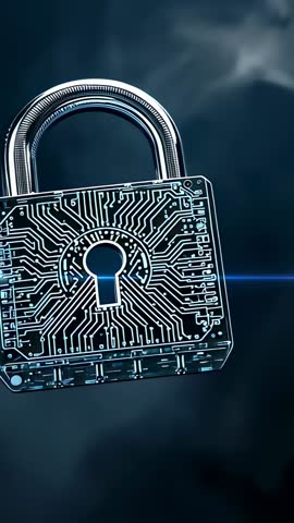 Rotating Circuit Padlock Tilting in Clouds Vertical Video for Cybersecurity Encryption