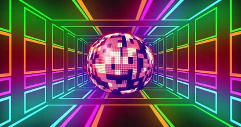 Futuristic neon tunnel with digital sphere