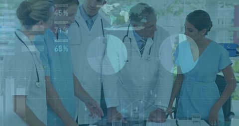 Medical team collaborating on digital analytics dashboard, reviewing charts with hud overlay