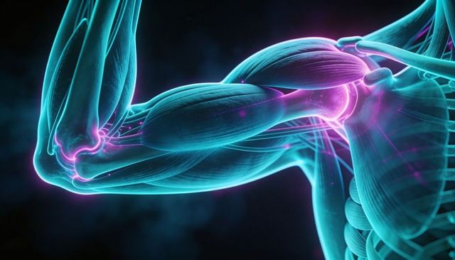 Neon 3d upper arm anatomy showing biceps, shoulder joint, elbow and forearm, glowing nodes