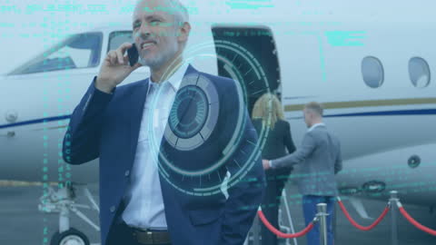 Businessman Talking on Smartphone with Digital Data Overlay at Airport