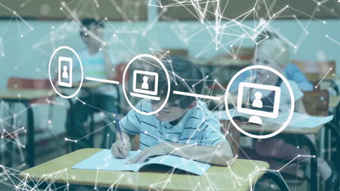 Students Learning in Classroom with Digital Network Overlay