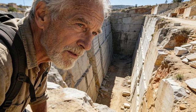 Senior explorer surveying sunlit marble quarry rim with backpack and rugged profile