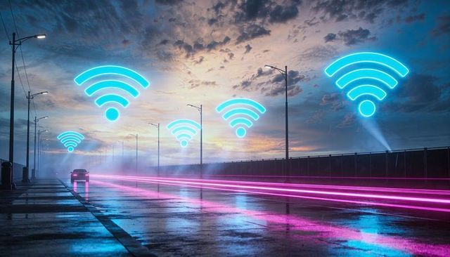Neon wifi signals hovering above rainy urban road with car light trails at dusk