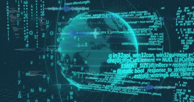 Holographic wireframe globe with rotating data visualization