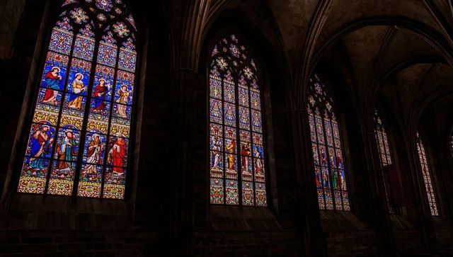 Stunning gothic stained glass windows in medieval cathedral
