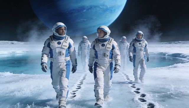 Astronaut Crew Walking Across Icy Alien Moon with Giant Blue Planet Rising and Turquoise Lake