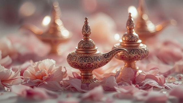 Ornate metal oil lamps on pink petal adorned table