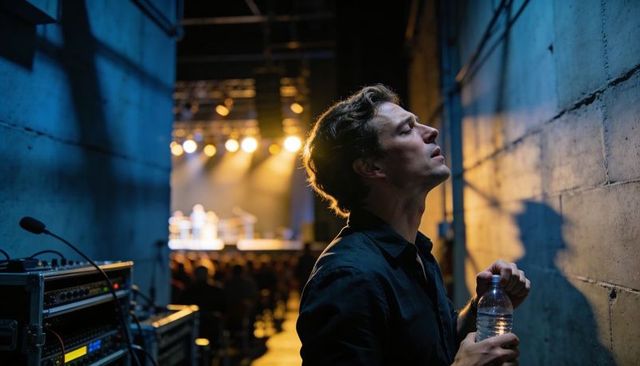 Backstage musician pausing with water bottle in dim corridor before live stage performance cinematic