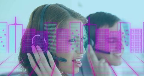 Customer Support Agents with Futuristic Digital City Overlay