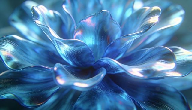 Iridescent blue metallic flower macro with glossy pearlescent petals and soft bokeh