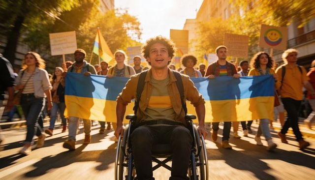 Rolling wheelchair activist leading solidarity march carrying ukrainian flag on sunny street