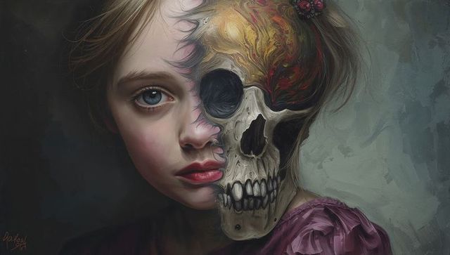 Half-faced girl merging with skull and floral ornament surreal painterly portrait dark duality