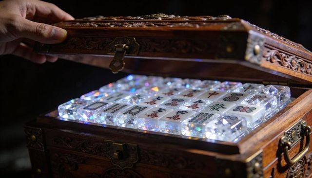 Ornate wooden chest revealing glowing mahjong tiles resting on crystal bed, hand lifting lid