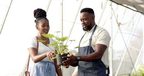 Customer and Assistant Examining Plant in Greenhouse Environment