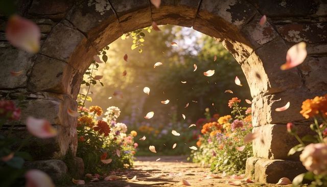 Sunlit stone archway revealing enchanted flower path with floating petals