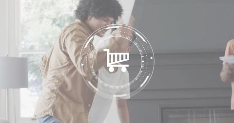 Friends Wrestling in Sunlit Living Room with Shopping Cart HUD Overlay for E-commerce Concept