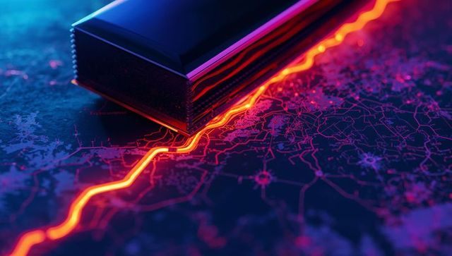 Glossy metal module reflecting neon circuit line over digital map network visualization