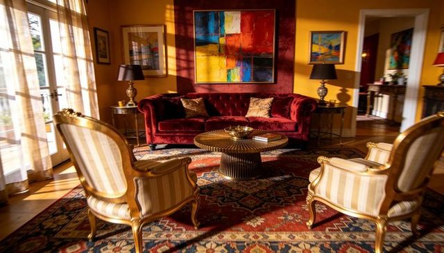Sunlit elegant living room featuring red velvet tufted sofa and gold framed armchairs
