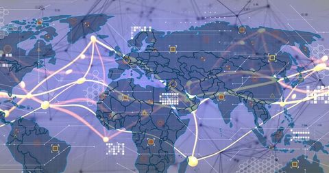 Global digital network visualization connecting hubs with neon data arcs and widgets