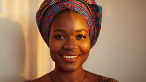 Smiling Black woman turning toward sunlight while adjusting vibrant headwrap in golden portrait