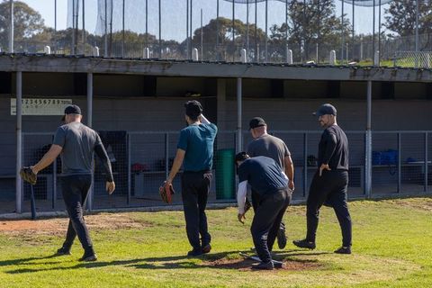 Men practicing baseball on mound near dugout during team training drills with gloves and bats