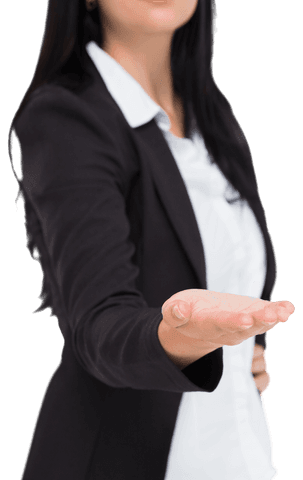Confident Businesswoman Presenting with Open Hand on Transparent Background