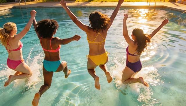 Sunlit pool party jumping friends in colorful swimsuits splashing into summer fun