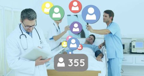 Medical team reviewing x-ray with patient and digital network overlay 355 followers